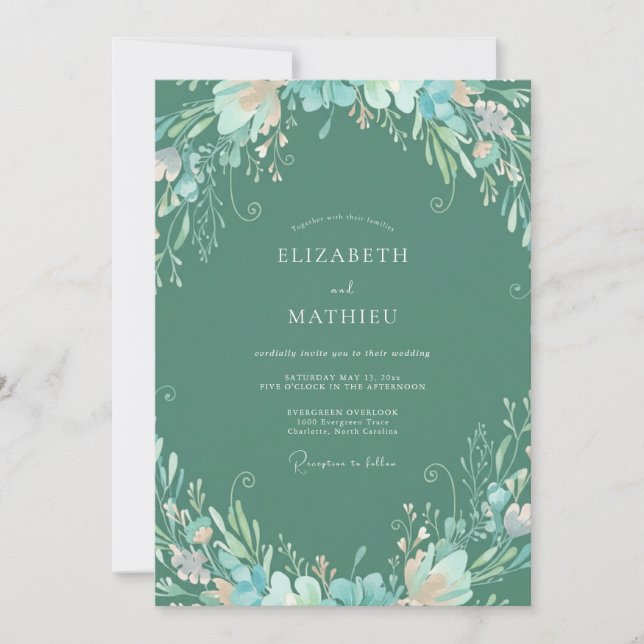 Invitation Mariage à l'aquarelle botanique vert écume de mer (Devant)