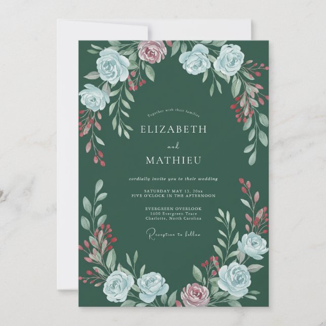 Invitation Mariage à l'aquarelle botanique vert émeraude (Devant)