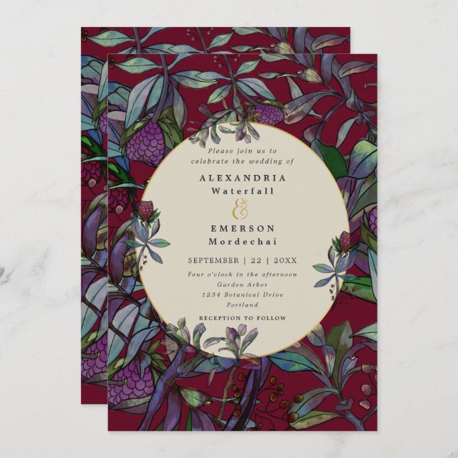 Invitation Mariage à l'aquarelle bourguignonne feuille fleuri (Devant / Derrière)