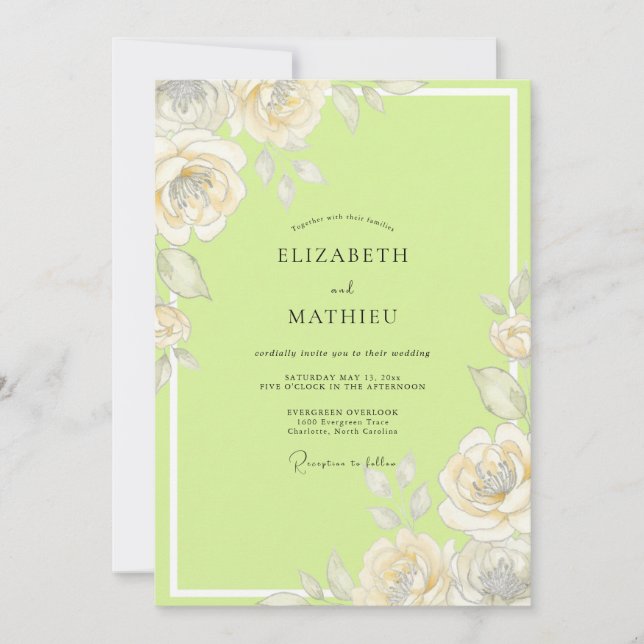 Invitation Mariage à l'aquarelle Chartreuse Rose (Devant)