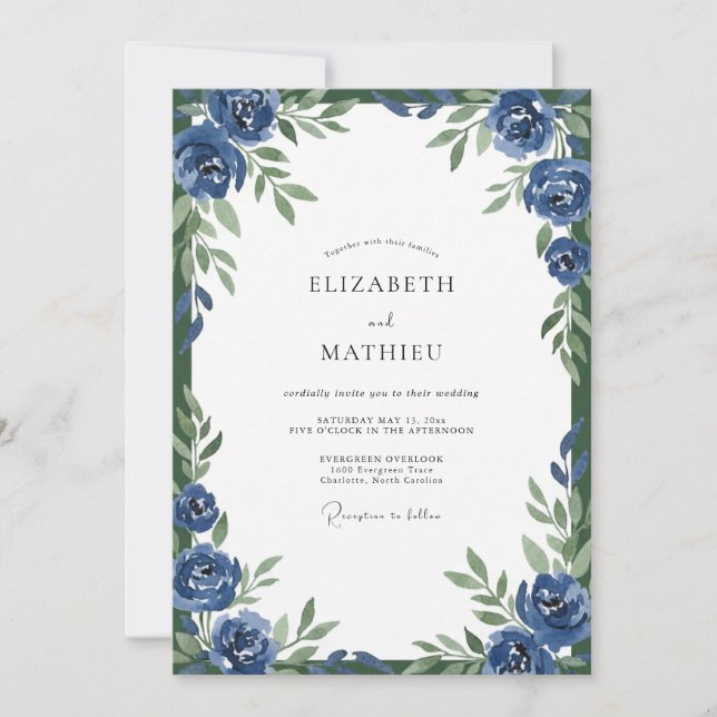 Invitation Mariage à l'aquarelle Cobalt Bloom (Devant)