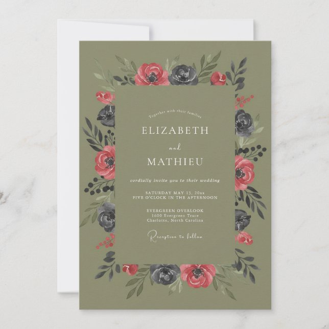Invitation Mariage à l'aquarelle Corail Olive (Devant)