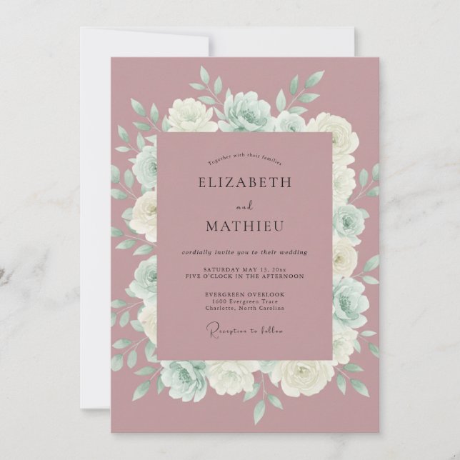 Invitation Mariage à l'aquarelle dans une brume mauve (Devant)
