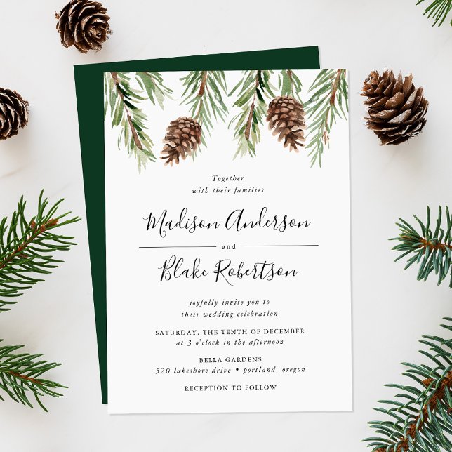 Invitation Mariage à l'aquarelle de cône de pin en hiver (Créateur téléchargé)