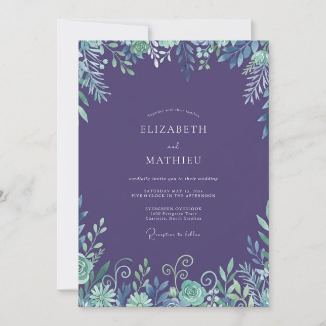 Invitation Mariage à l'aquarelle de feuillage d'améthyste (Devant)
