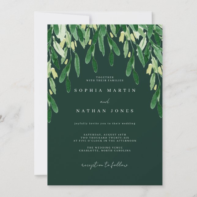 Invitation Mariage à l'aquarelle de feuille verte botanique  (Devant)