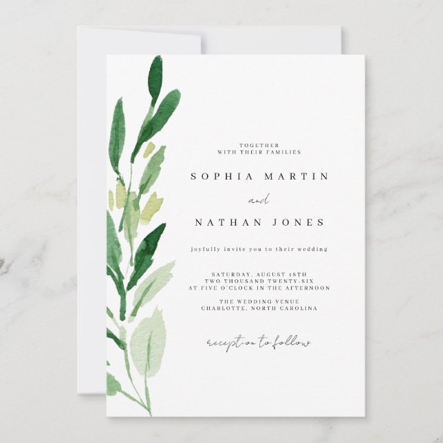 Invitation Mariage à l'aquarelle de feuille verte élégante (Devant)