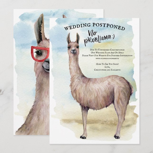 Invitation Mariage à l'aquarelle de lama drôle reporté (Devant / Derrière)