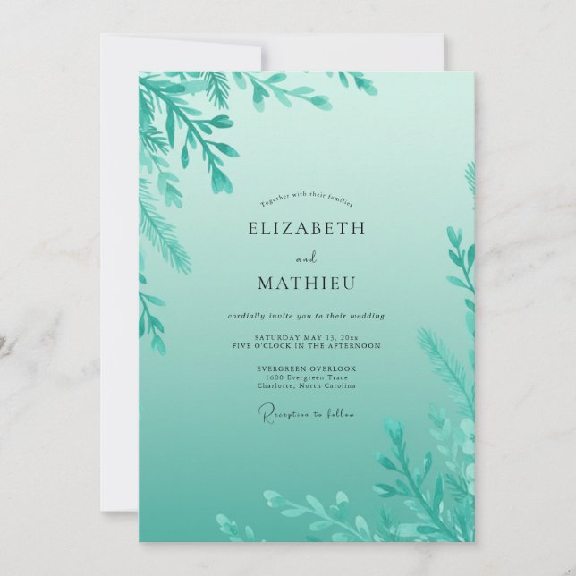Invitation Mariage à l'aquarelle de menthe avec brindilles (Devant)