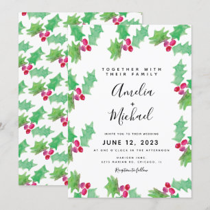 Invitation Mariage à l'aquarelle de Noël avec houx et baie
