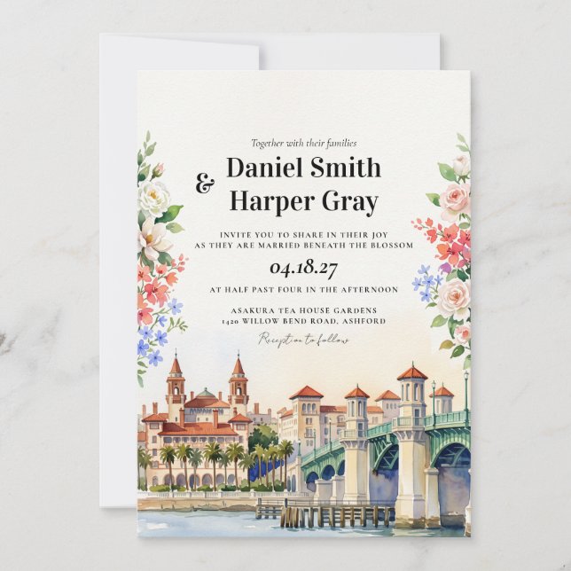 Invitation Mariage à l'aquarelle de St Augustine Floride (Devant)