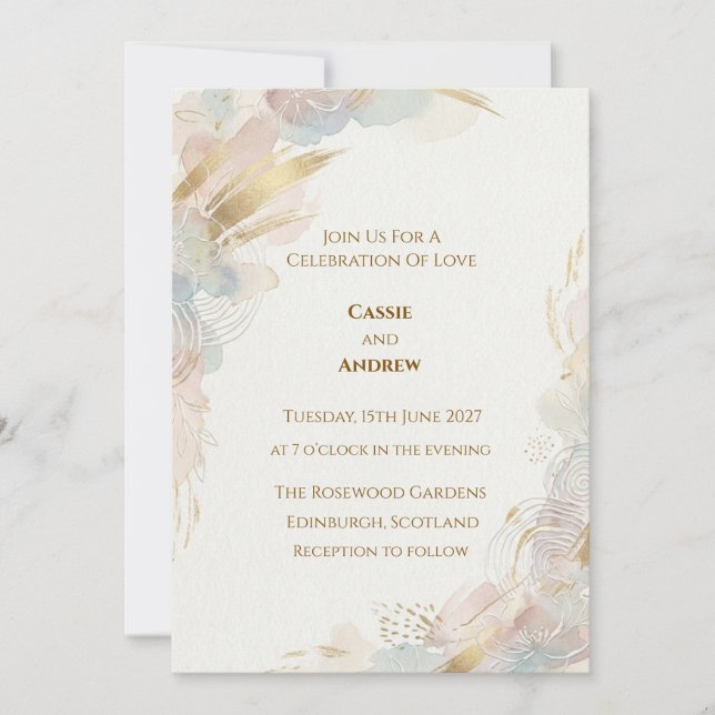 Invitation Mariage à l'aquarelle dorée pastel abstrait (Devant)