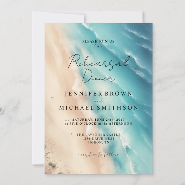 Invitation Mariage à l'aquarelle double face Ocean Beach (Devant)
