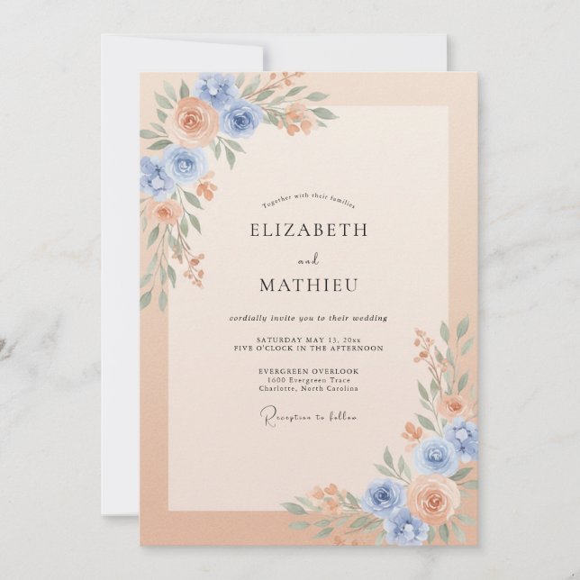 Invitation Mariage à l'aquarelle douce Bleu Pêche (Devant)