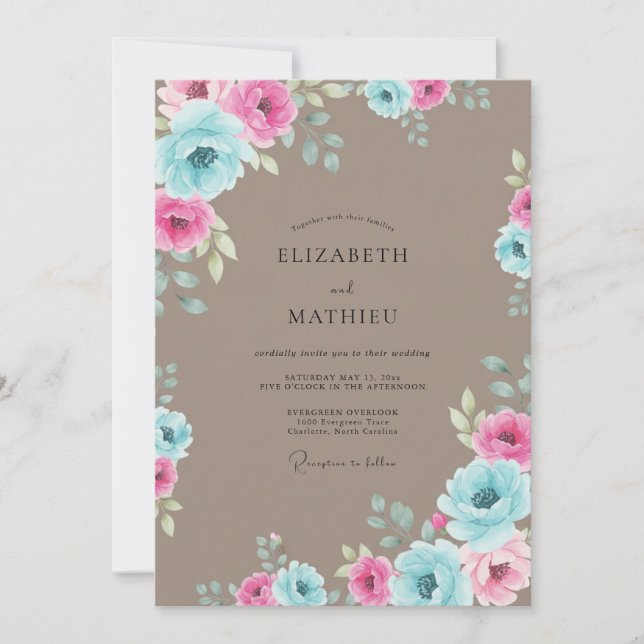 Invitation Mariage à l'aquarelle douce Taupe (Devant)