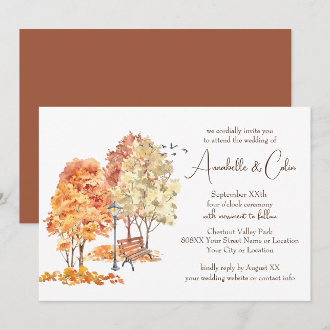 Invitation Mariage à l'aquarelle en automne dans le parc (Devant / Derrière)