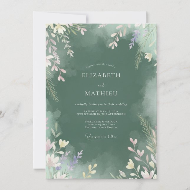 Invitation Mariage à l'aquarelle en forêt sombre (Devant)