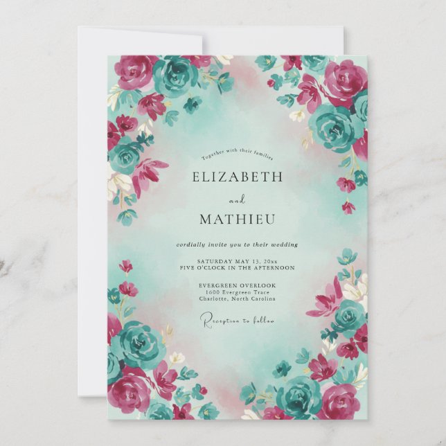 Invitation Mariage à l'aquarelle éthérée sarcelle magenta (Devant)