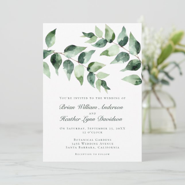 Invitation Mariage à l'aquarelle Eucalyptus | Blanc (Debout devant)