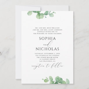 Invitation Mariage à l'aquarelle eucalyptus. Feuillage verdur
