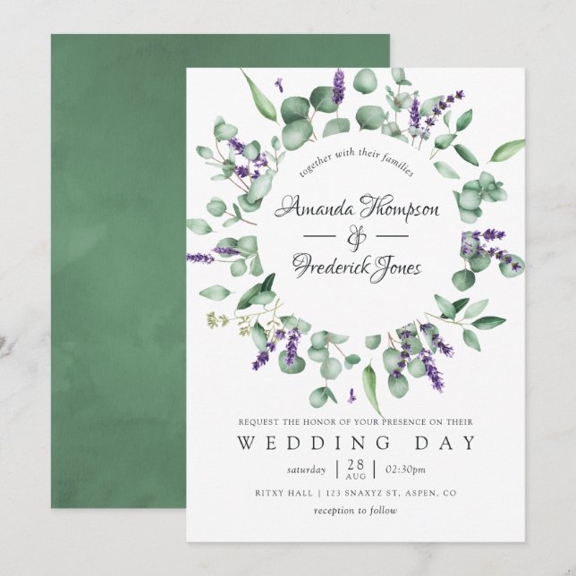 Invitation Mariage à l'aquarelle Eucalyptus Lavande Végétal (Devant / Derrière)