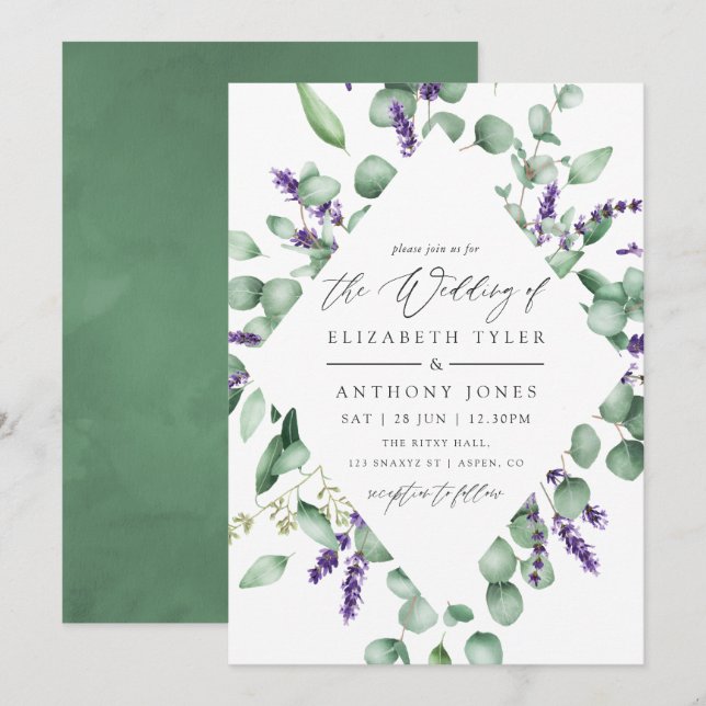 Invitation Mariage à l'aquarelle eucalyptus lavande verdure (Devant / Derrière)