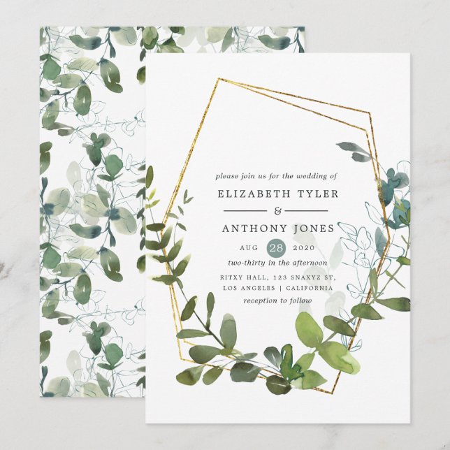 Invitation Mariage à l'aquarelle Eucalyptus Verdure (Devant / Derrière)