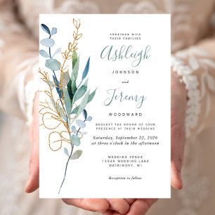 Invitation Mariage à l'aquarelle Eucalyptus Vert Or