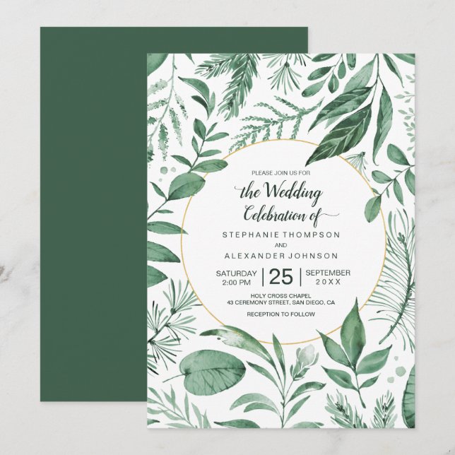 Invitation Mariage à l'aquarelle Feuilles Sauvages Vert Chass (Devant / Derrière)