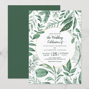 Invitation Mariage à l'aquarelle Feuilles Sauvages Vert Chass