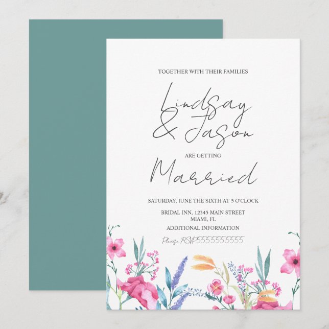 Invitation Mariage à l'aquarelle Fleur sauvage Vert Script (Devant / Derrière)