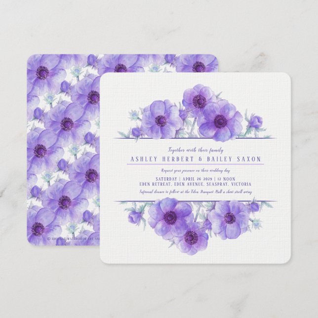 Invitation Mariage à l'aquarelle fleurie d'anémone violet inv (Devant / Derrière)