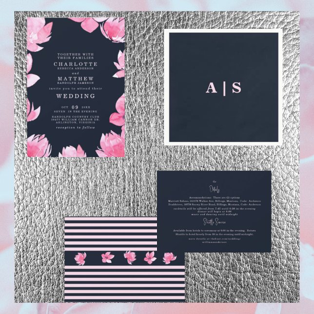 Invitation Mariage à l'aquarelle Fleurs roses et marine foncé (Créateur téléchargé)