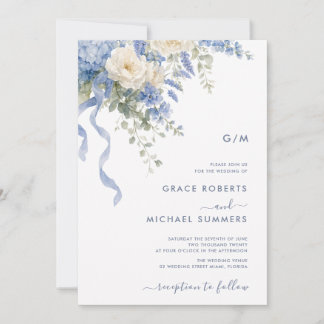 Invitation Mariage à l'aquarelle Floral Bleu poussiéreux