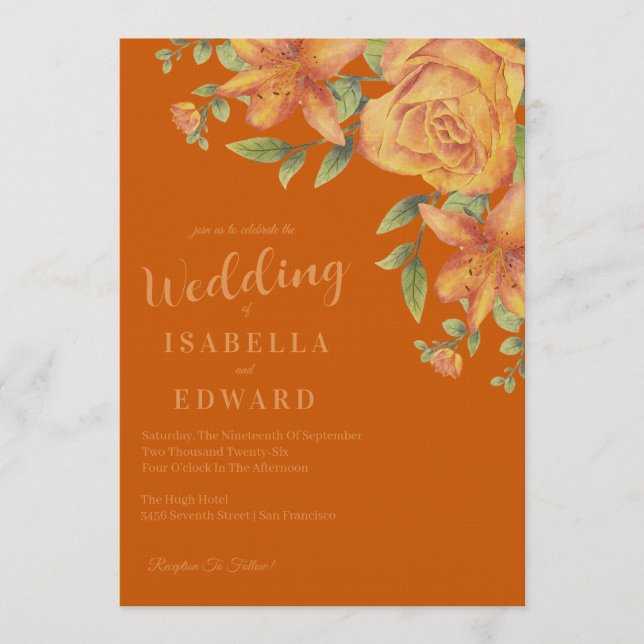 Invitation Mariage à l'aquarelle Floral Orange Brûlé (Devant)
