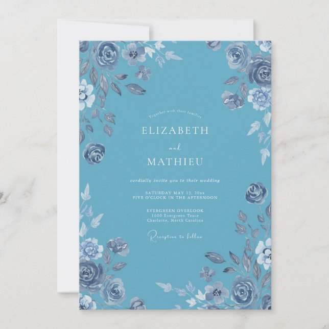 Invitation Mariage à l'aquarelle florale bleu ciel (Devant)