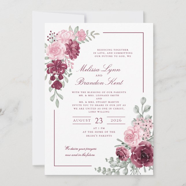 Invitation Mariage à l'aquarelle florale bordeaux avec écritu (Devant)