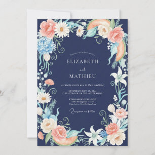 Invitation Mariage à l'aquarelle florale corail marine