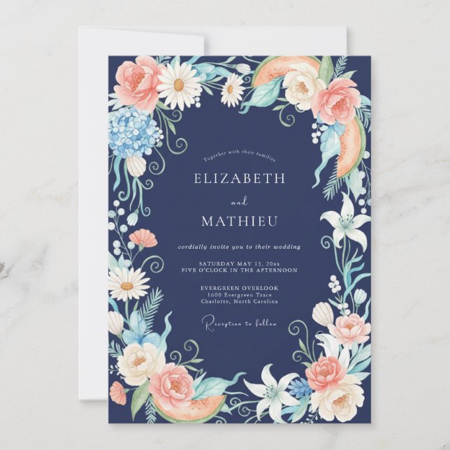 Invitation Mariage à l'aquarelle florale corail marine (Devant)