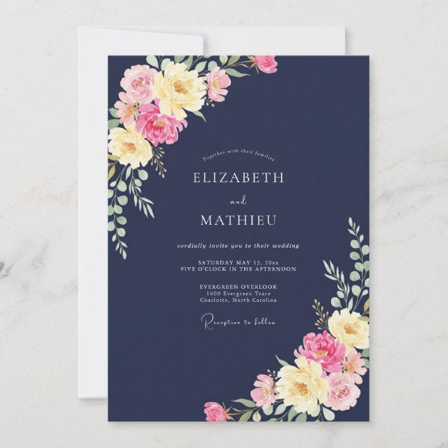 Invitation Mariage à l'aquarelle florale jaune rose de la mar (Devant)