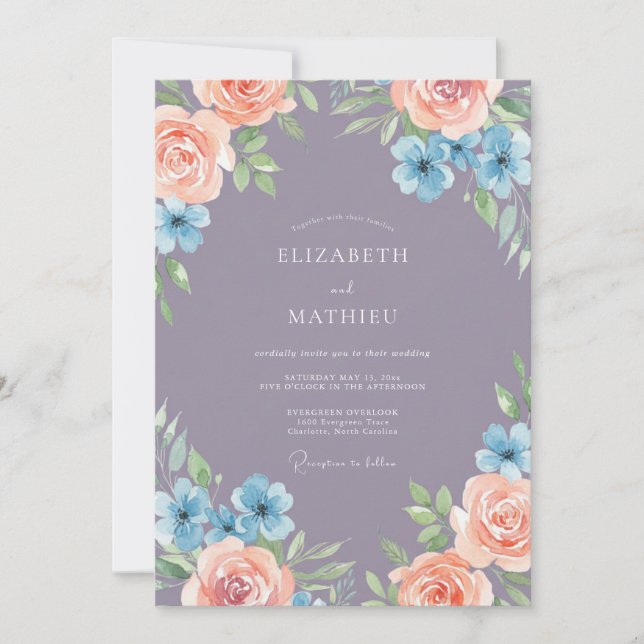 Invitation Mariage à l'aquarelle florale violet poussiéreux (Devant)