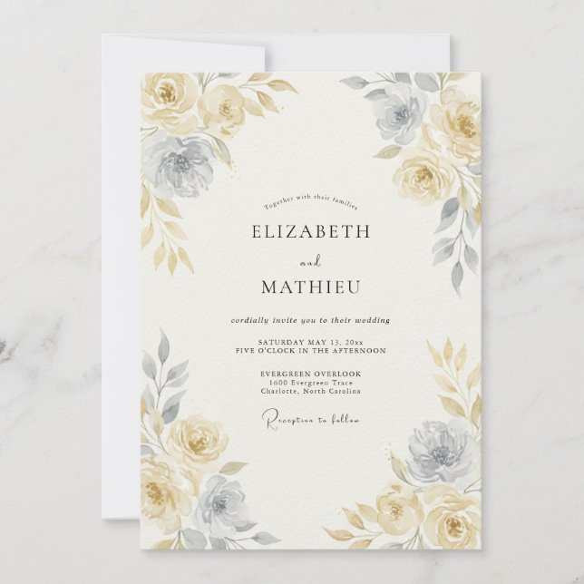 Invitation Mariage à l'aquarelle jaune pâle intemporel (Devant)