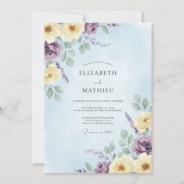 Invitation Mariage à l'aquarelle jaune primevère (Devant)