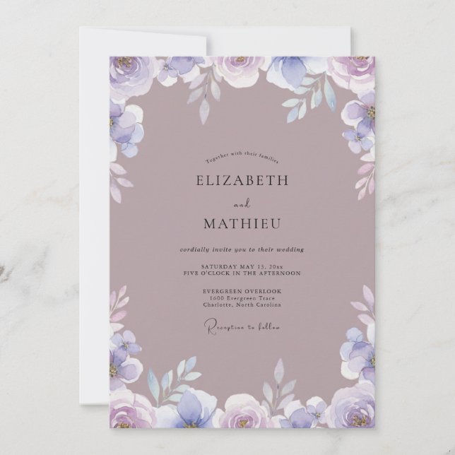 Invitation Mariage à l'aquarelle lavande mauve (Devant)