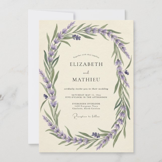 Invitation Mariage à l'aquarelle lavande poussiéreuse (Devant)