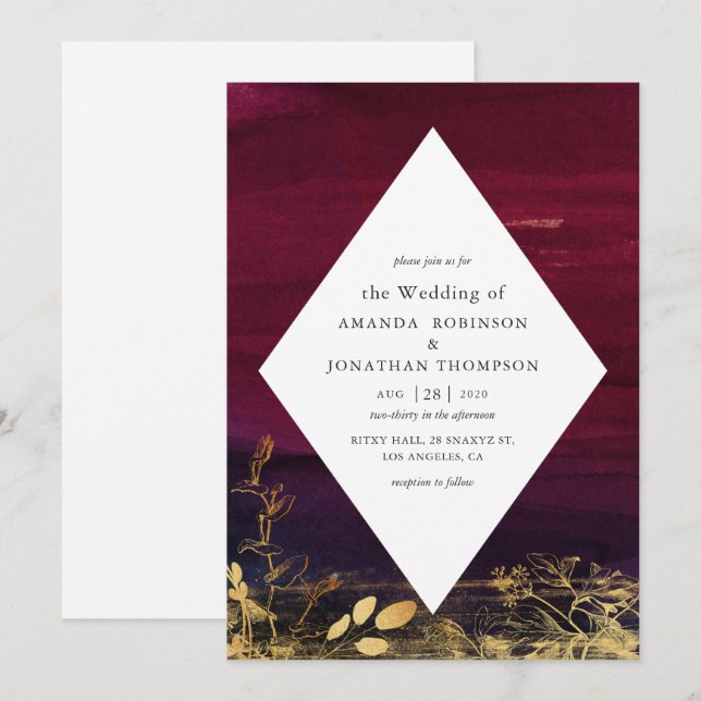 Invitation Mariage à l'aquarelle lavis bordeaux et or (Devant / Derrière)