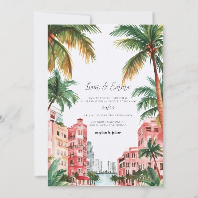 Invitation Mariage à l'aquarelle Miami Floride Tropical (Devant)
