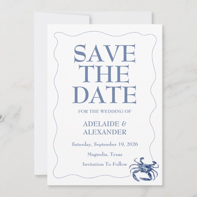 Invitation Mariage à l'aquarelle moderne bleu côtier de plage (Devant)