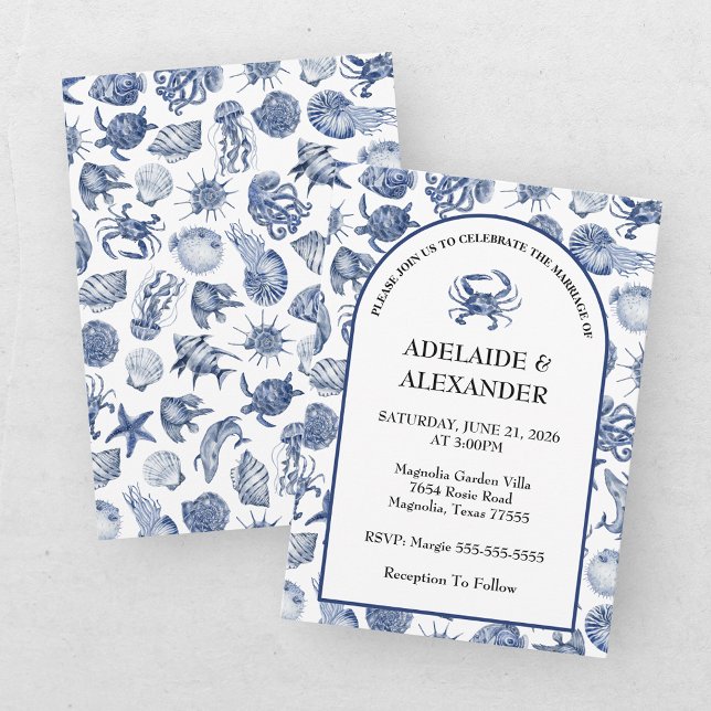 Invitation Mariage à l'aquarelle moderne bleu côtier de plage (Créateur téléchargé)
