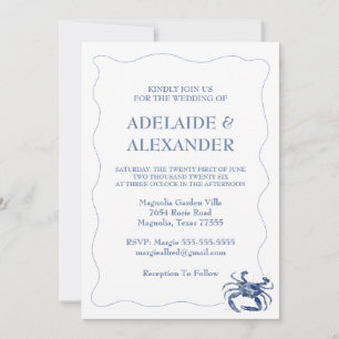 Invitation Mariage à l'aquarelle moderne bleu côtier de plage